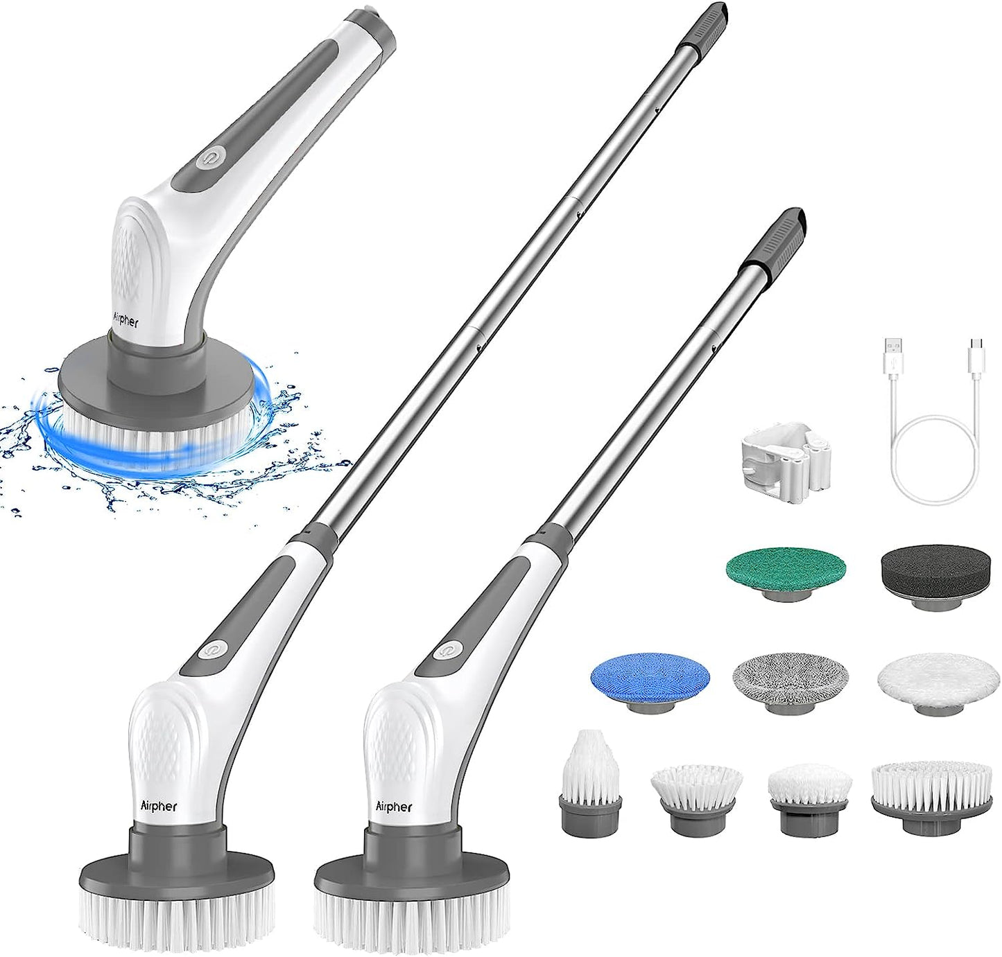 Electric Spin Scrubber, Airpher 10 in 1 Cordless Cleaning Brush IPX8 with 9 Replaceable Brush Heads and 4 Section Removable Rod