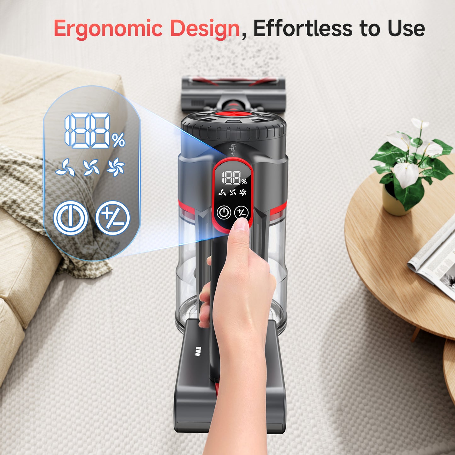 Cordless Vacuum Cleaner, 550W 45KPA Dual Motor Stick Vacuum for Home with 60mins Runtime, 6 LED Green Headlights, Self-Standing Design, V-Shaped Floor Brush for Carpet Tile Pet Hair Hardwood Floors