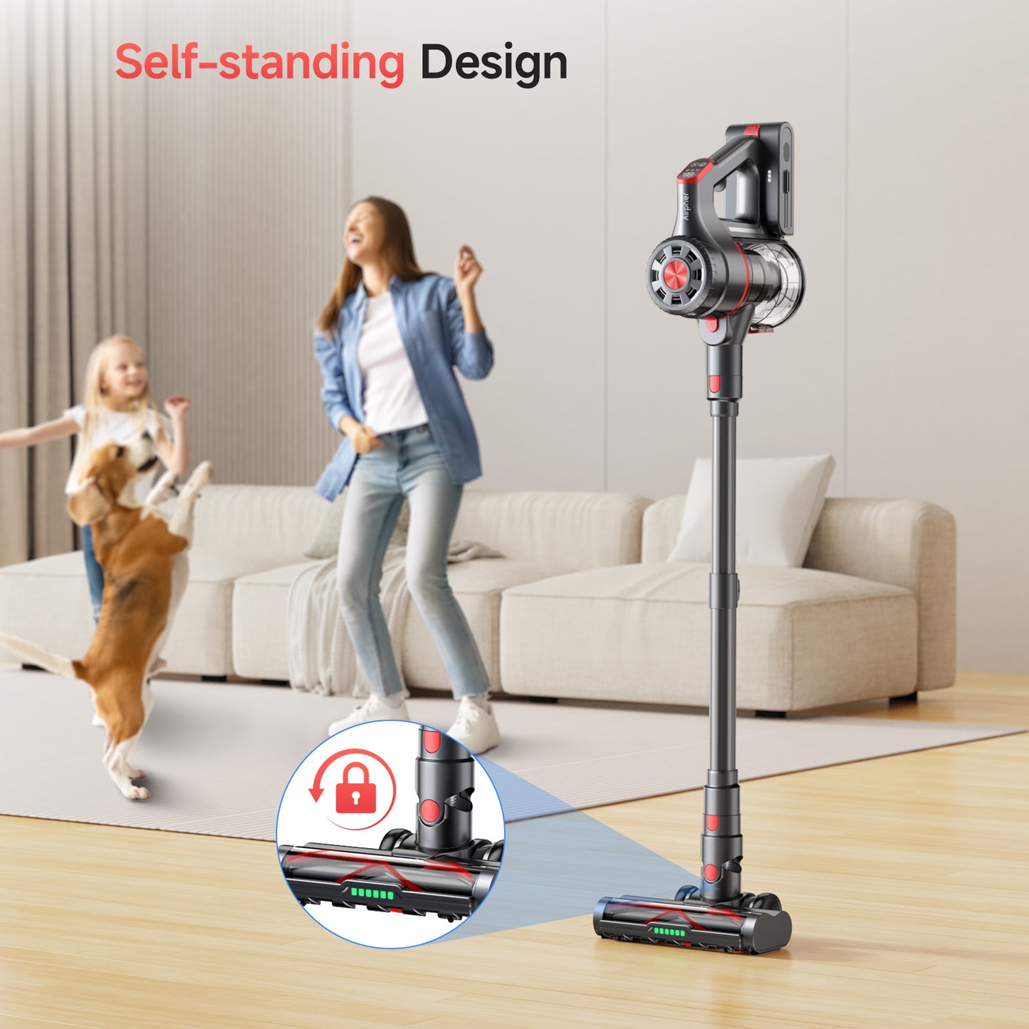 Cordless Vacuum Cleaner, 550W 45KPA Dual Motor Stick Vacuum for Home with 60mins Runtime, 6 LED Green Headlights, Self-Standing Design, V-Shaped Floor Brush for Carpet Tile Pet Hair Hardwood Floors