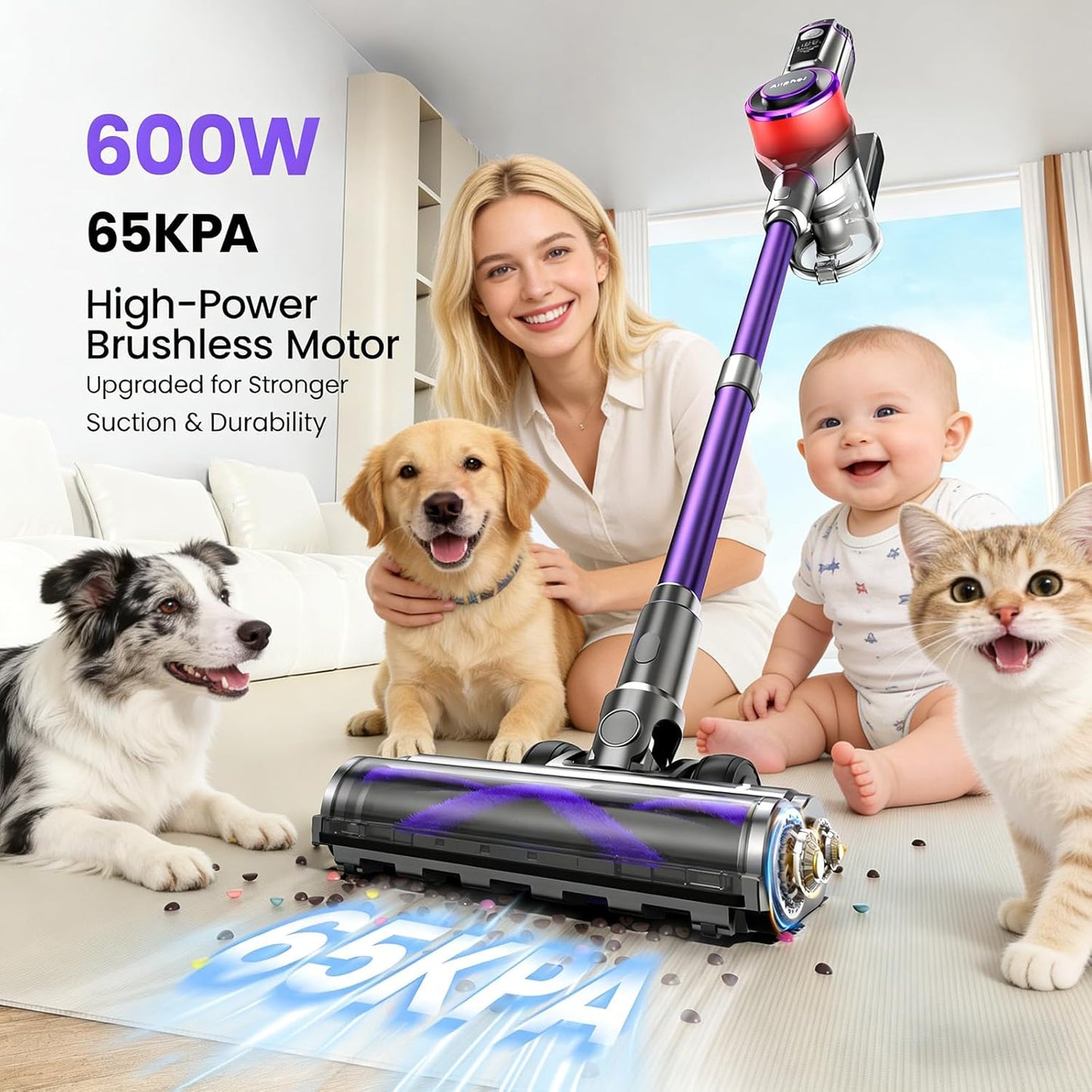 Cordless Vacuum Cleaner,75Min Runtime,600W 65KPA Dual Motor Pet Hair Vacuum for Home with AI Auto Suction,Stick Vacuums with Self-Standing Design,for Carpet,Hardwood Floors,Valentine's Day Gift Ideas