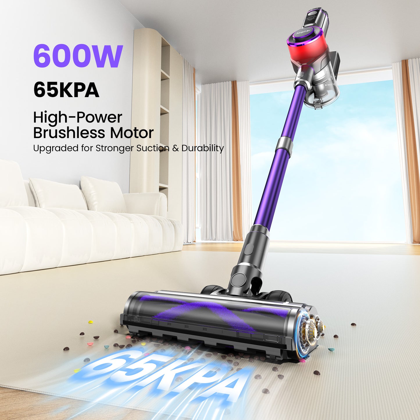 Airpher Cordless Vacuum — 600W Dual Motor, 45KPa Suction, AI Auto-Boost, Self-Standing, LED Lights