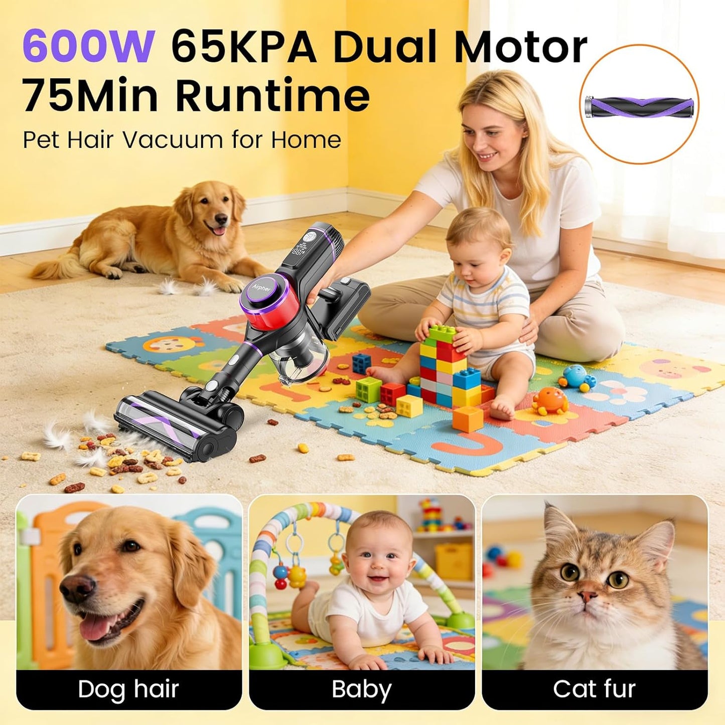 Cordless Vacuum Cleaner,75Min Runtime,600W 65KPA Dual Motor Pet Hair Vacuum for Home with AI Auto Suction,Stick Vacuums with Self-Standing Design,for Carpet,Hardwood Floors,Valentine's Day Gift Ideas