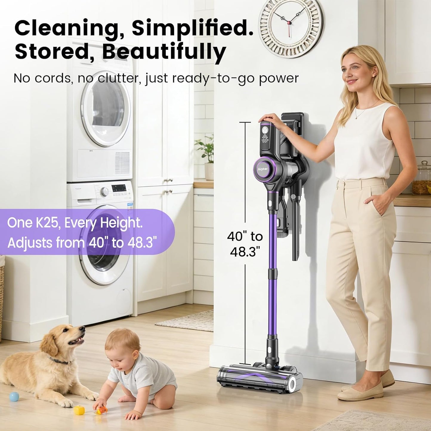 Cordless Vacuum Cleaner,75Min Runtime,600W 65KPA Dual Motor Pet Hair Vacuum for Home with AI Auto Suction,Stick Vacuums with Self-Standing Design,for Carpet,Hardwood Floors,Valentine's Day Gift Ideas