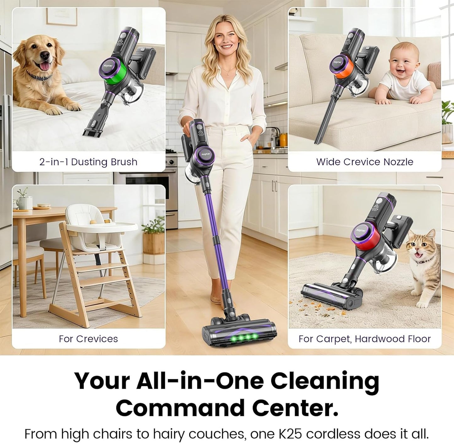 Cordless Vacuum Cleaner,75Min Runtime,600W 65KPA Dual Motor Pet Hair Vacuum for Home with AI Auto Suction,Stick Vacuums with Self-Standing Design,for Carpet,Hardwood Floors,Valentine's Day Gift Ideas