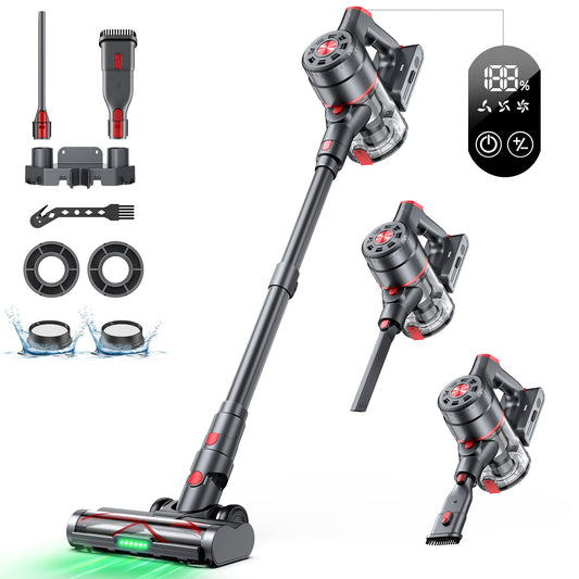 Cordless Vacuum Cleaner, 550W 45KPA Dual Motor Stick Vacuum for Home with 60mins Runtime, 6 LED Green Headlights, Self-Standing Design, V-Shaped Floor Brush for Carpet Tile Pet Hair Hardwood Floors