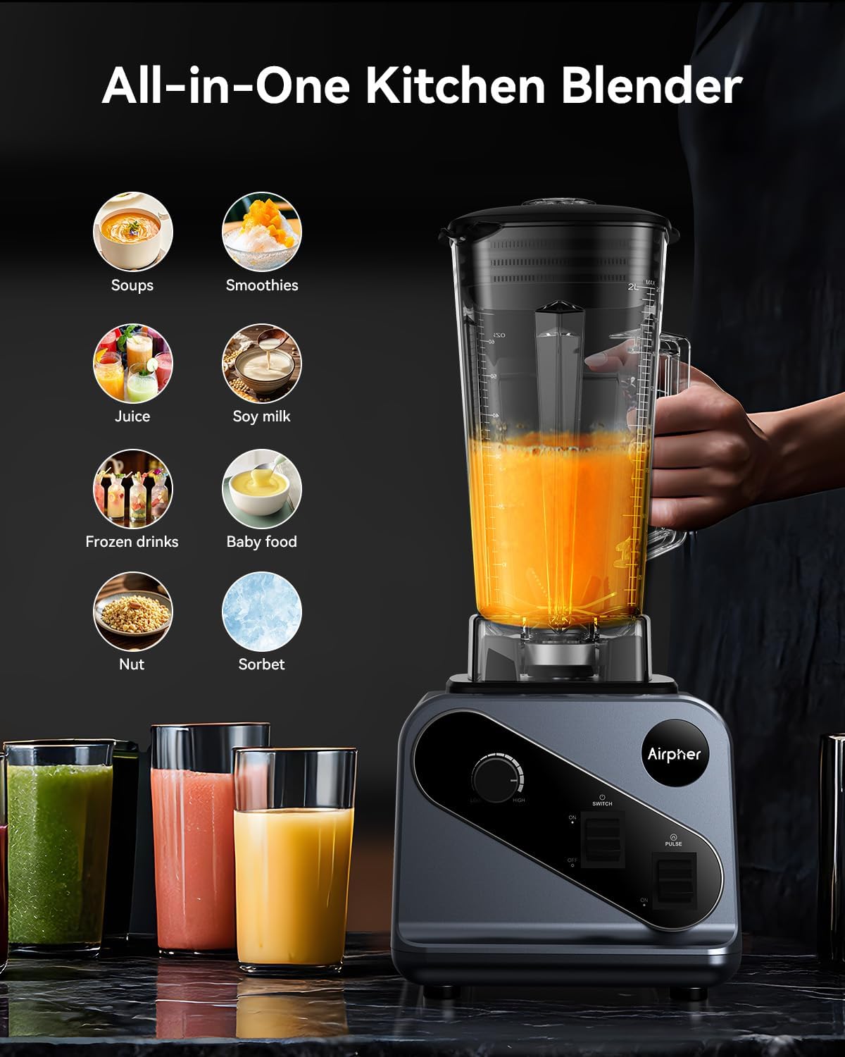 Blenders for Kitchen, 2000W Professional Blender, 68oz Large Capacity with 27oz To-Go cup, Smoothie Blender with 35000RPM to Make Soups, Jams, Frozen Fruit&More, Dishwasher Safe, BPA-Free