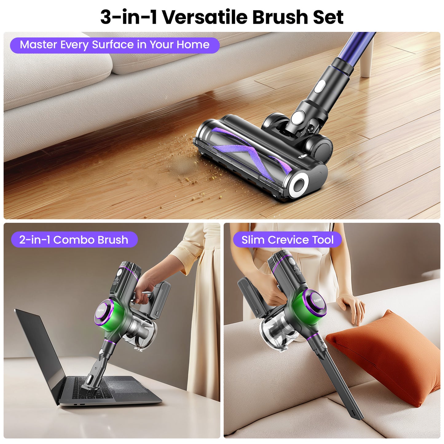 Airpher Cordless Vacuum — 600W Dual Motor, 45KPa Suction, AI Auto-Boost, Self-Standing, LED Lights