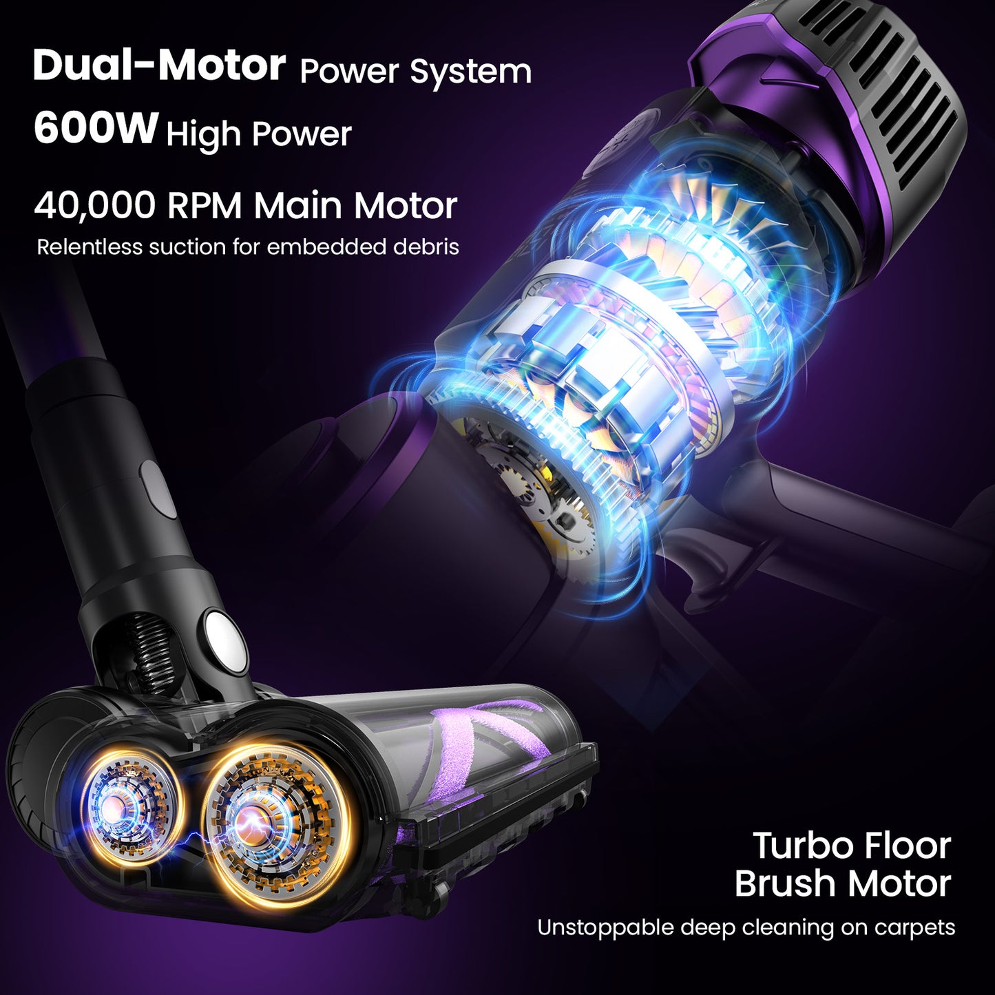 Airpher Cordless Vacuum — 600W Dual Motor, 45KPa Suction, AI Auto-Boost, Self-Standing, LED Lights