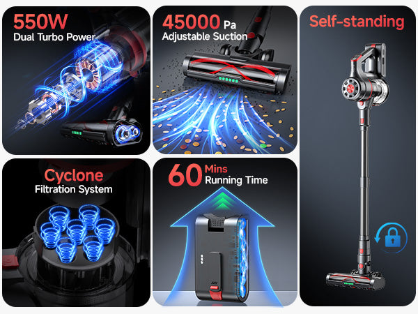 Cordless Vacuum Cleaner, 550W 45KPA Dual Motor Stick Vacuum for Home with 60mins Runtime, 6 LED Green Headlights, Self-Standing Design, V-Shaped Floor Brush for Carpet Tile Pet Hair Hardwood Floors